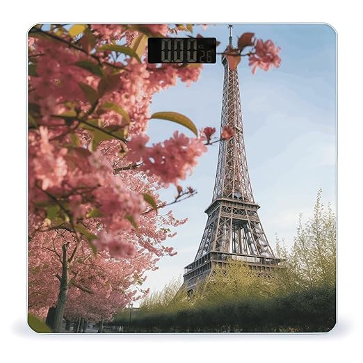 Paris Eiffel Tower Flower Bathroom Scale Automatic Power On/Off Body Scales LCD Backlight Display Square Digital Scale Rounded Corners Bathroom Scales for Home Bedrooms