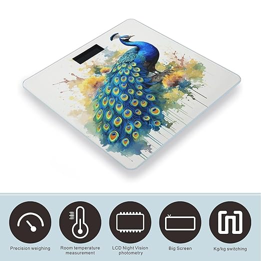 Peacock Watercolor Painting Bathroom Scale Rounded Smart Scale for Body Weight Automatic Power On/Off Weight Scales Accurate Bathroom Digital Scales for Pet Home Bedroom Kitchen