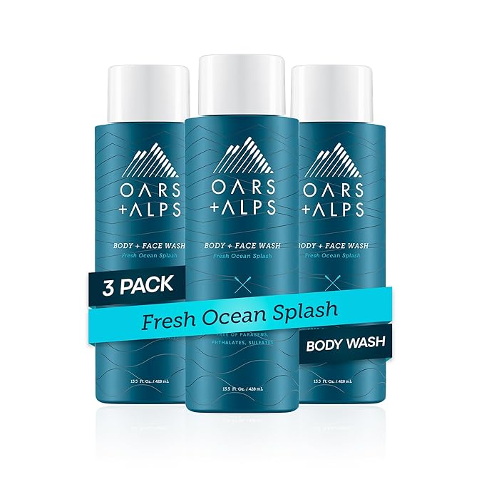 Oars + Alps Men's Moisturizing Face &amp Body Wash Body Wash with Vitamin E and Antioxidants Sulfate Free Fresh Ocean Splash 3pk