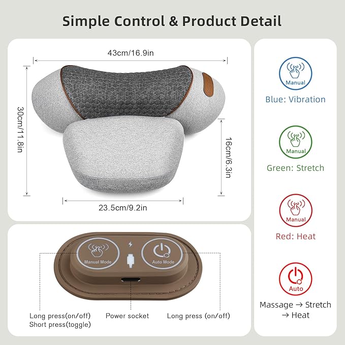 3-in-1 Neck Massager Pillow with Heat Massage &amp Stretcher Traction Massager for Neck Hump Shoulder &amp Muscle Relaxation Pain Relief &amp Cervical Support Ideal Gift for Women &amp Men