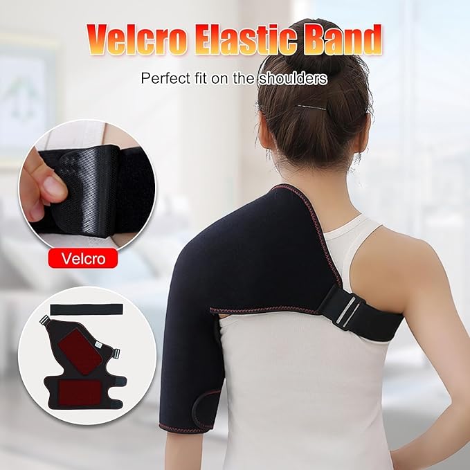 WOOLALA Heated Shoulder Brace with Massager - Electric Heating Pad for Shoulder Pain Relief &amp Upper Arm Muscle Portable Heated Wrap