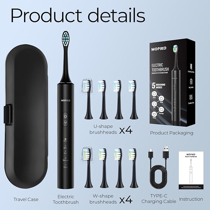 Sonic Electric Toothbrush for Adults - 5 Modes Power Sonic Rechargeable Black Electric Toothbrush with 8 Brush Heads