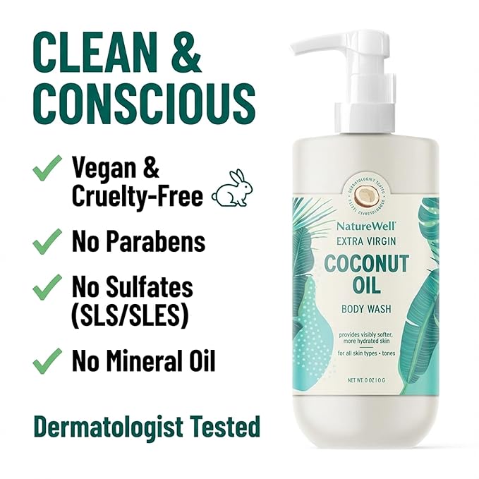 NATURE WELL Extra Virgin Coconut Oil Ultra-Moisturizing Body Wash Gentle &amp Creamy Formula Packed with Antioxidants Vitamins A C &amp E &amp Squalane Provides Gentle Cleansing &amp Intense