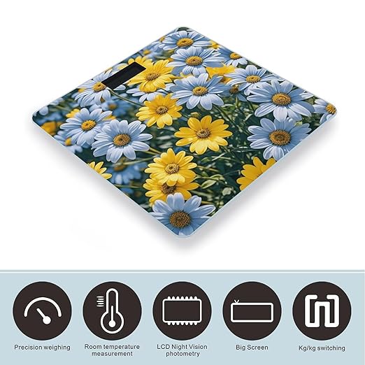 Blue and Yellow Flowers Scale for Body Weight Highly Accurate Digital Bathroom Body Scale Digital Bathroom Scales for People Anti-Slip Large LCD Display Smart Scales