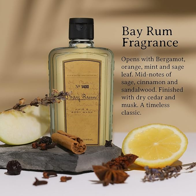 C.O. Bigelow Bay Rum Hair &amp Body Wash for Men Pack of 2 Citrus Spice Scented Men's 2 in 1 Shampoo &amp Body Wash with Aloe Vera 10 Fl Oz