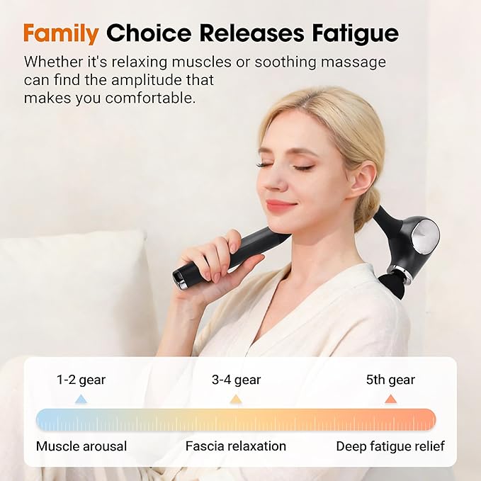 Brushless Motor Massage Gun with Upgraded Extension Handle Back Massager for Pain Relief Deep Tissue with 4 Massage Heads &amp 5 Speed Levels &amp 3 Massage Modes Black Silver