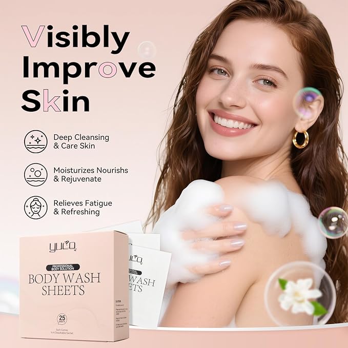 YUCO Travel Body Wash Sheets Travel Pack 25 SheetsIndividual Sachetfor Body WashCamellia Japonica ScentFor GymCampingVacationHotelsHospitalBusiness TripFlight Travel Essentials
