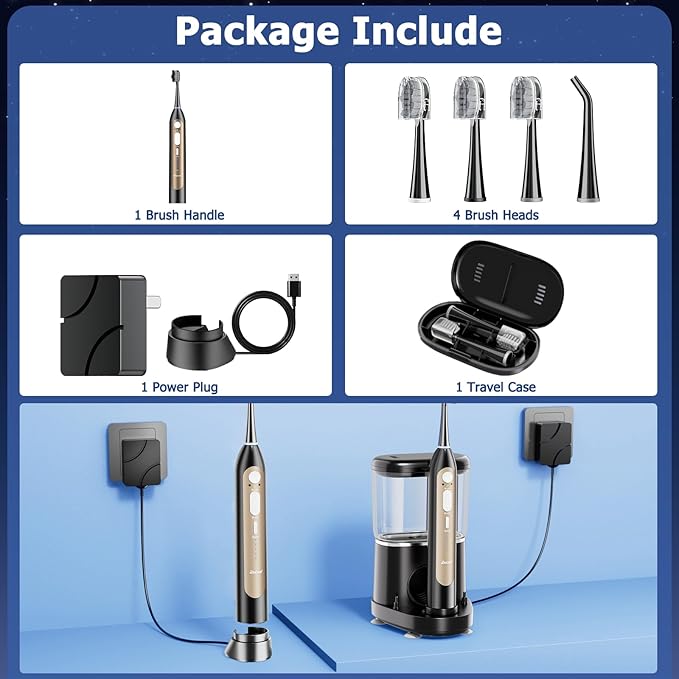 Electric Toothbrush with Water Flosser Upgrade Flossing Toothbrush Combo with 3 Brush 5 Floss Speeds&amp 3 Brush Modes 500mL Tank 30-Day Battery for Adults &amp Teens Gums Braces-Black