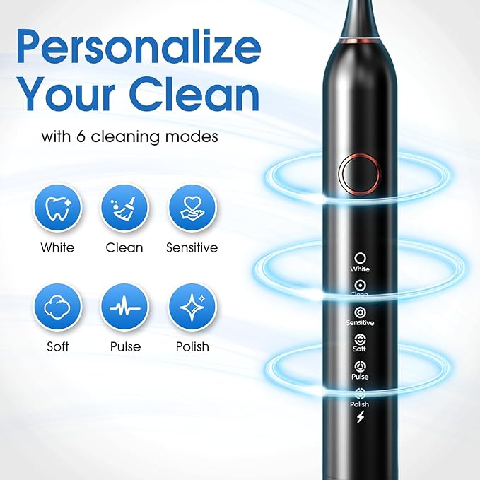 Electric Toothbrush Sonic Type for Adults &amp Teens 8 Brush Heads Travel Case 6 Modes 40000 VPM Electric Motor 90
