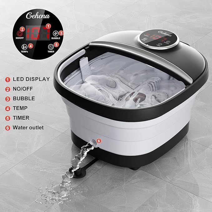 Collapsible Foot Spa Bath with HeatFoot Massager with Two Side SupportsLeakage ProtectorTemperature ControlBubblesRed LightTimerFeet Spa TubFeet SoakerGifts (Black)