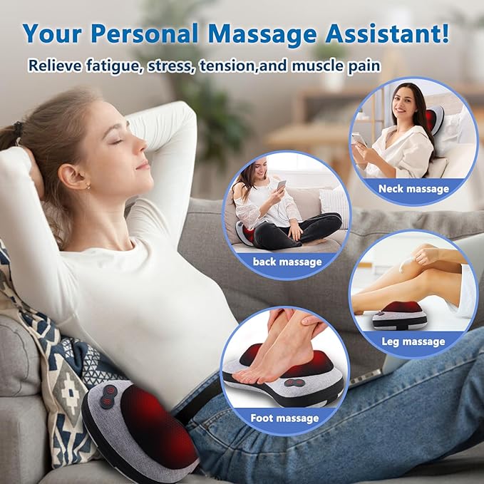Massage Pillow Neck and Back Massager with Heat Shiatsu Massage Pillow for for Back Shoulder Leg Foot Gift for Men Women Mom Dad Stress Relax at Home Office and Car