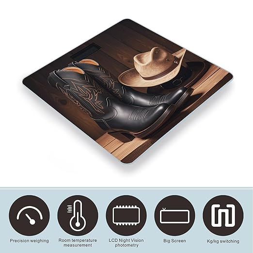 Cowboy Black Hat Western Boots Scale for Body Weight Digital Bathroom Scale Toughened Glass High Precision Scales for Body Weight with Large LCD Backlight Display Weight Scales
