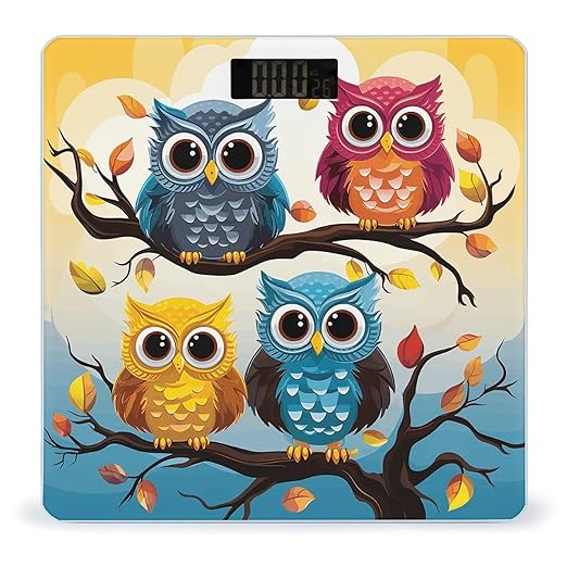 Owls on Tree Branches Bathroom Scale Large LCD Backlight Display Digital Scale Rounded Corners Body Scales Automatic Power On/Off Bathroom Scales for Home Bedrooms