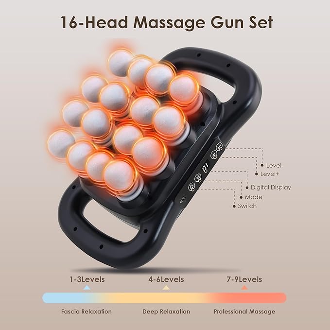 16 Head Massage Gun Set Deep Tissue Percussion Massager 2600mAh Electric Massage Tools with 9 Styles &amp Levels Black
