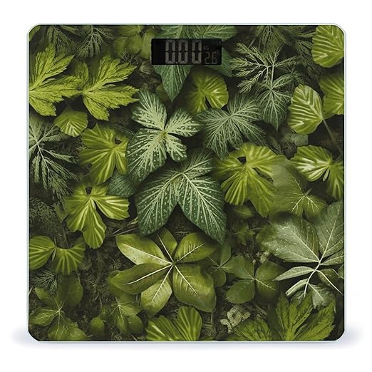 Green Leaves and Plants Scale for Body Weight Anti-Slip Tempered Glass Digital Bathroom Scales Clear LCD Display Weighing Scale Safe Rounded Corners Smart Scales