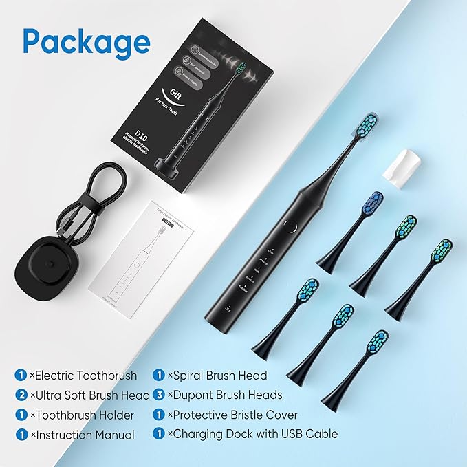 bluelk Electric Toothbrush for Adults and Kids- Sonic Toothbrush with 6 Brush Heads in 3 Types Rechargeable with 5 Modes and Built-in Smart Timer Hsa Store Eligible Items