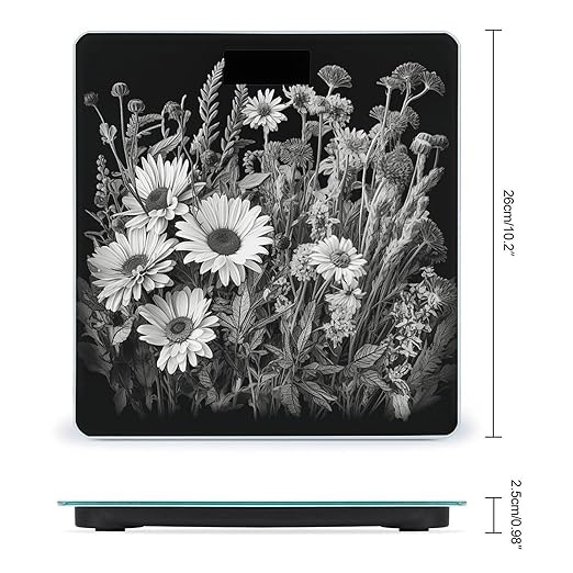 Black and White Flowers Weight ScaleClear LED Display Bathroom Digital Weighing ScaleTempered Glass Digital Bathroom Scale for Body Weight Capacity Up to 400 Lbs