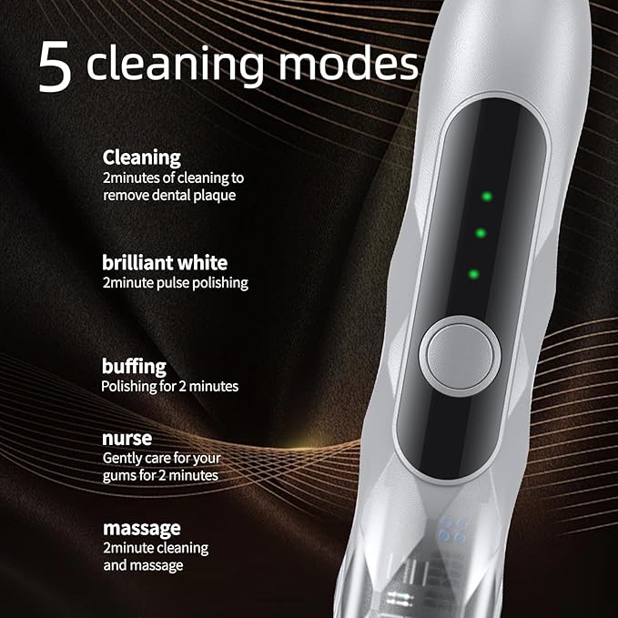 Oscillation&ampVibration Sonic Electric Toothbrush for Adults with 10 Brush Heads for Travel &amp Teeth Care 48000VPM Motor 5 Cleaning Modes 2 Min Timer (Silver)