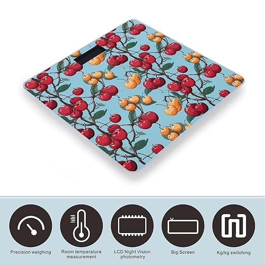 Cherry Pattern Digital Bathroom Scale for Body Weight Weighing Scale with Backlit LCD Display High Precision Measurements &amp Measures Weight Up to 180kg