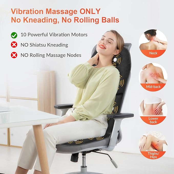 COMFIER Massage Seat Cushion with Heat - 10 Vibration Motors Back Massager for Chair （Vibration Massage Only Not Shiatsu/RollingMassage Chair Pad for Back Ideal Gifts for Men Women (Renew)