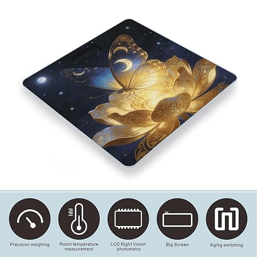 Golden Retro Fantasy Starry Moon Butterfly Weight ScaleClear LED Display Bathroom Digital Weighing ScaleTempered Glass Digital Bathroom Scale for Body Weight Capacity Up to 400 Lbs