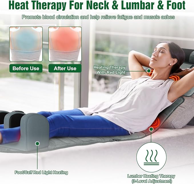 Full Body Massage Mat with Heat Detachable Neck Massager &amp Foot Massager10 Vibration 3 Strength Adjustments Electric Back Massage Pad with Head Pillow and Lumbar Pillow Gifts for Women Men