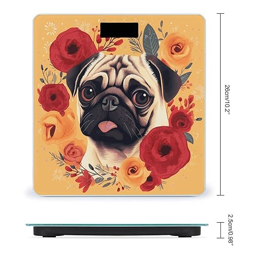 Pug Flower Bathroom Scale for Body Weight Bathroom Weighing Scale with Backlit LCD Display Highly Accurate Measures Weight Up to 180kg