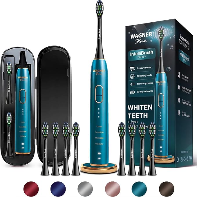 Wagner Stern IntelliBrush Series Whitening Electric Toothbrush with Pressure Sensor. Offers 4 Brushing Modes 3 intensities 8 Soft Brush Heads and a Luxury Travel case.