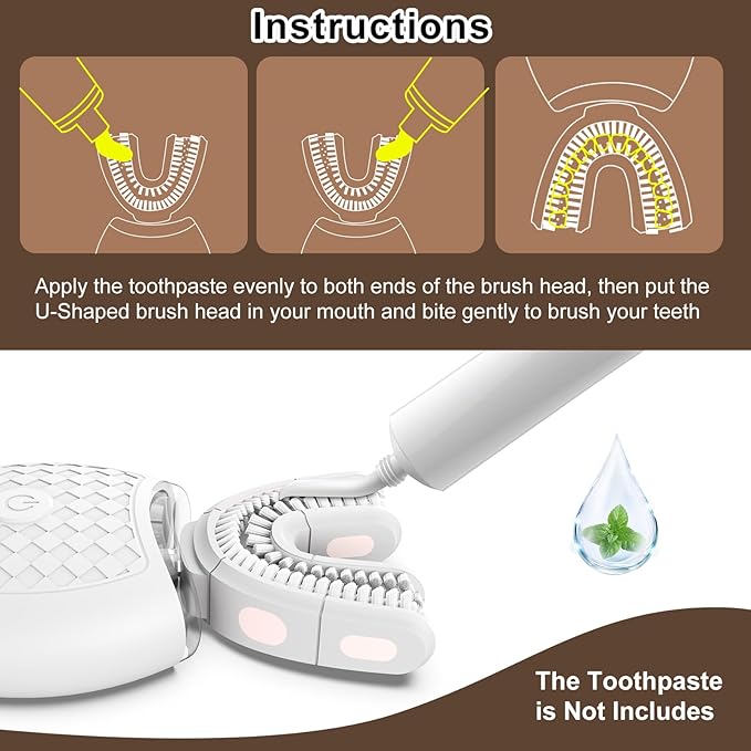 Electric U Shaped Toothbrush for Adult360 Degree Automatic Cleaning Ultrasonic Tooth Brush has 23760 Nylon Bristles and 3 Modes Standard Fast Ultra Fast(White)