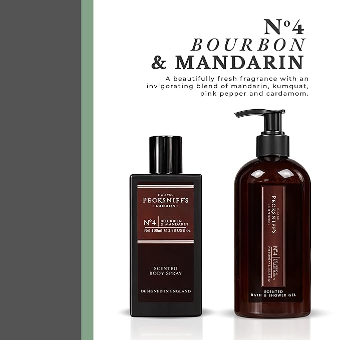 Pecksniff’s Men’s Body Duo Set – Bourbon &amp Mandarin Scented Bath &amp Shower Gel 250ml &amp Body Spray 100ml – Luxury Grooming Gift Set for Him