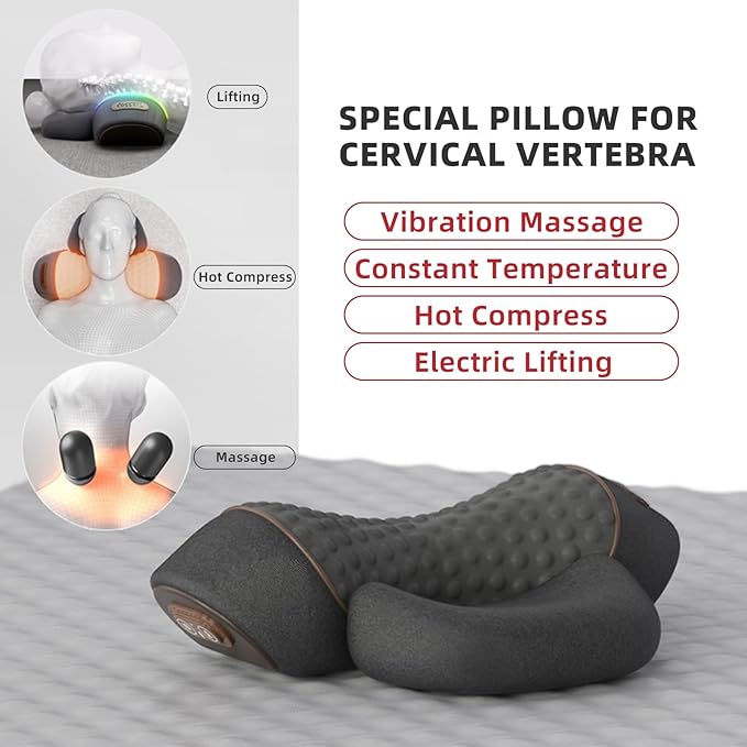 Pillow Traction Massager 2026 New for Neck Hump - 3-In-1 Cervical Neck Pillow with Heat Therapy Memory Foam for Shoulder Neck Pain Relief Ergonomic Massager Gray(Plug-In Only Not Battery-Powered）