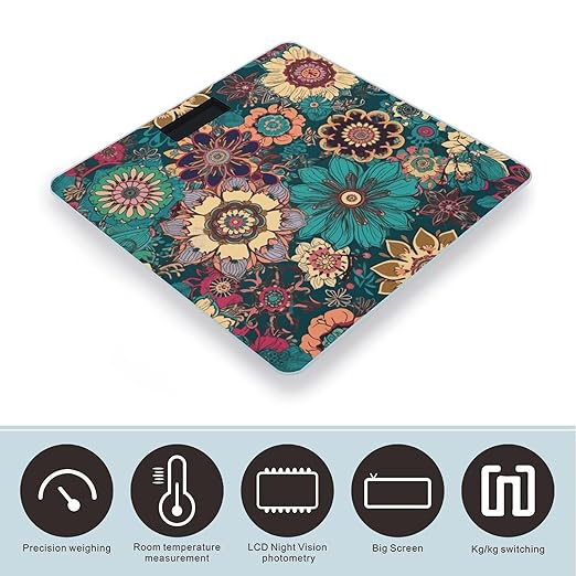 Bohemian Flower Bathroom Scale Automatic Power On/Off Body Scales LCD Backlight Display Square Digital Scale Rounded Corners Bathroom Scales for Home Bedrooms