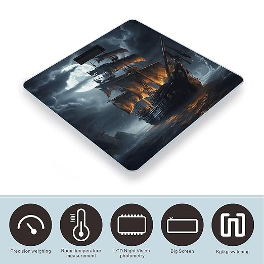 Pirate Sailboat Full Moon Bathroom Scale Automatic Power On/Off Body Scales LCD Backlight Display Square Digital Scale Rounded Corners Bathroom Scales for Home Bedrooms