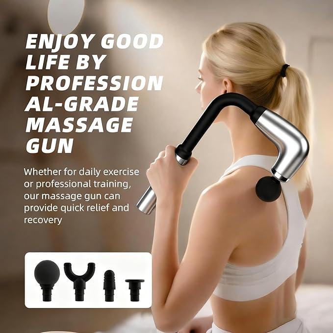 Massage Gun with Upgraded Extension HandleBack Massage Gun Deep TissueBack Massager for Pain Relief for Muscles Neck Shoulders Waist Arm Legs Foot4 Replaceable Heads &amp 9 Speeds (Silver)