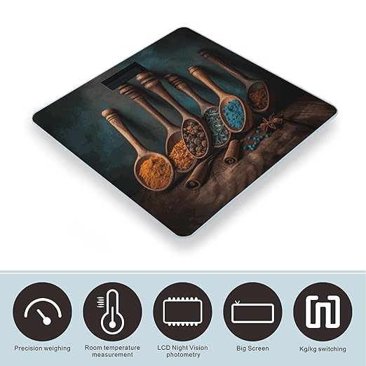 Spices on Wooden Spoon Scale for Body Weight Anti-Slip Digital Bathroom Scale Sturdy Toughened Glass Weighing Scales High Precision Safe Rounded Corners Smart Scales