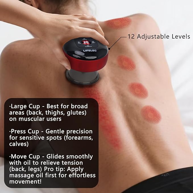 LIFELEC Smart Cupping Therapy Set - 6 Cups (Large/Press/Move) 12-Level Heat &amp Suction Smart Red Light Therapy - Dual Massagers for Simultaneous Use - 2 Pack Set for Athletes Fitness Pain Relie