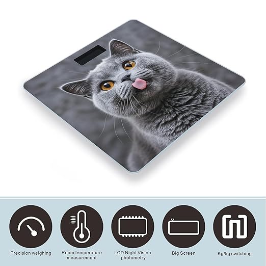 Blue Cat Sticking Out Tongue Bathroom Scale for Body Weight Bathroom Weighing Scales with Back Lit LED Display Sturdy Tempered Glass Body Weight Bathroom Scale 400lb Weighing