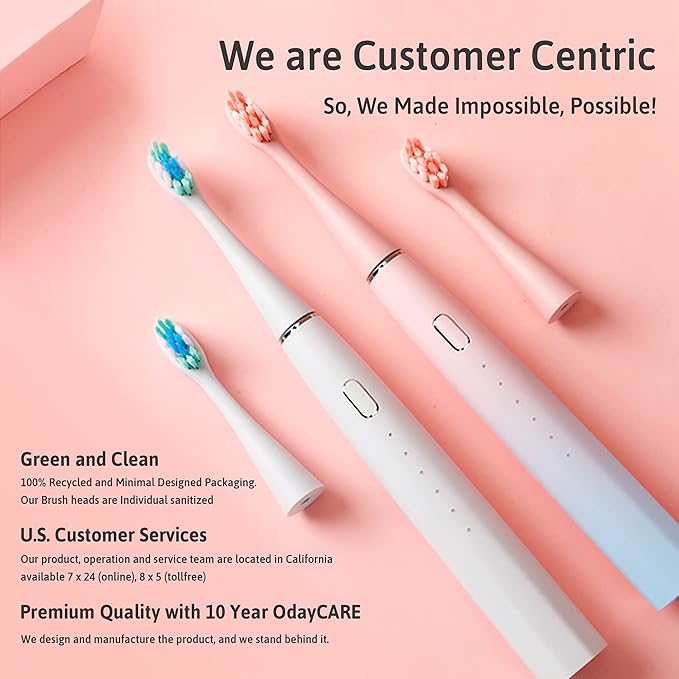 Oday N9000 Sonic Electric Toothbrush 90% End-Rounding 10 YR Warranty 2000 mAh Battery (180 Days) IPX7 Waterproof 43000 VPM (2nd Gen. 3S Sonic Motor) 5 Modes with Smart Timer 6 Brush Heads