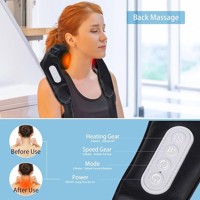 BIBIRE Neck and Shoulder Massager Deep Tissue Cordless Kneading with 6 Massage Nodes Shiatsu Neck Back Shoulder Massager with Heat for Traps Back &amp Leg Gifts for Men Women Home Use