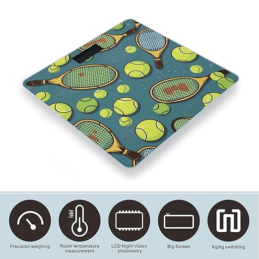 Funny Tennis Racquets and Tennis Balls Scale for Body Weight High Precision Digital Weight Scales with LCD Display Anti-Slip Sturdy Slim Tempered Glass Bathroom Scale for Home Use