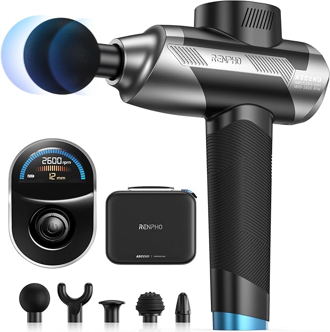 RENPHO Ascend Professional Massage Gun Adjustable 6-12mm Amplitude for Customized Intensity Deep Tissue Percussion Massager with 5 Speeds 5 Attachments Travel Case FSA Eligible HSA