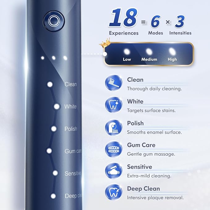 Electric Toothbrush for Adults Kids Electric Toothbrush Rechargeable Sonic Toothbrush Ultrasonic Toothbrush with Travel Case Holder &amp 7 Brush Heads 6 Modes &amp 3 Intensities 2-Minute Timer (B