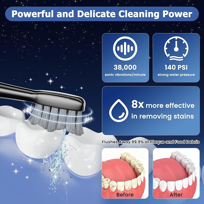 Electric Toothbrush with Water Flosser Upgrade Flossing Toothbrush Combo with 3 Brush 5 Floss Speeds&amp 3 Brush Modes 500mL Tank 30-Day Battery for Adults &amp Teens Gums Braces-Black