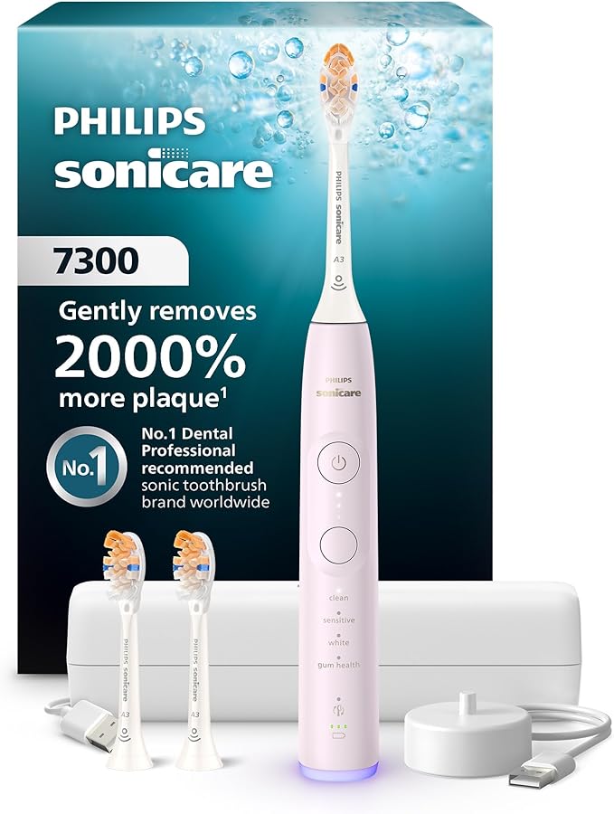 Philips Sonicare 7300 Series Electric Toothbrush - Next-Generation Sonicare Technology Pressure Sensor 12 Brushing Settings SmarTimer 21-Day Runtime Travel Case Light Pink HX7422/04