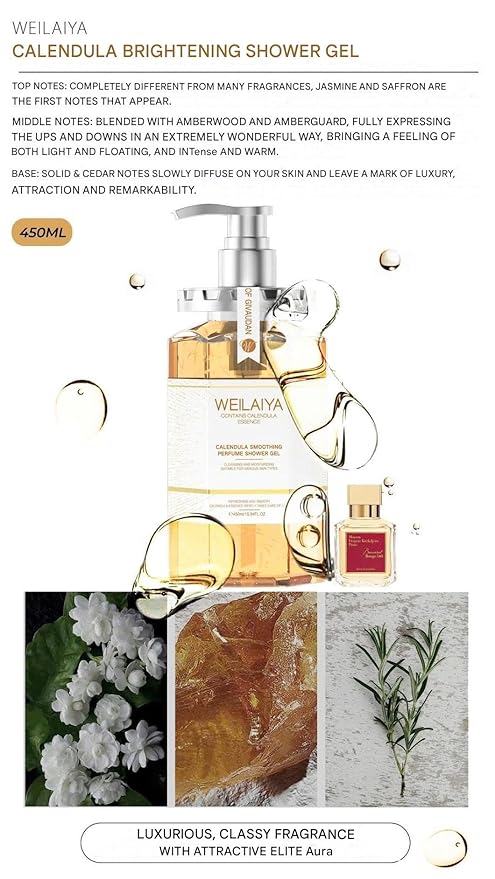 Weilaiya Calendula Shower Gel – 450mL / 15.2 fl oz – Soothing Body Wash for All Kinds of Skin Especially Sensitive Skin – Natural Calendula Extract Hydrating &amp Gentle Daily Anti Aging Cleanser