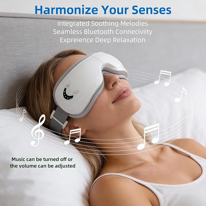 Eye Massager with Heat and Music Relaxation and Stress Relief Device. Heated Eye Mask Massage for Migraines &amp Headache Relief Reduce Dry Eyes Improve Sleep. Birthday Gifts for Women Men Mom Dad