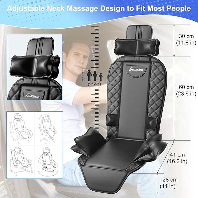 Back Massager with Heat &amp Traction &amp Vibration Seat Massager Pad for Pain Relief Deep Tissue Lumbar Traction PU Leather Foldable for 5’ to 6’1” Massage Chair Pad for Office Home