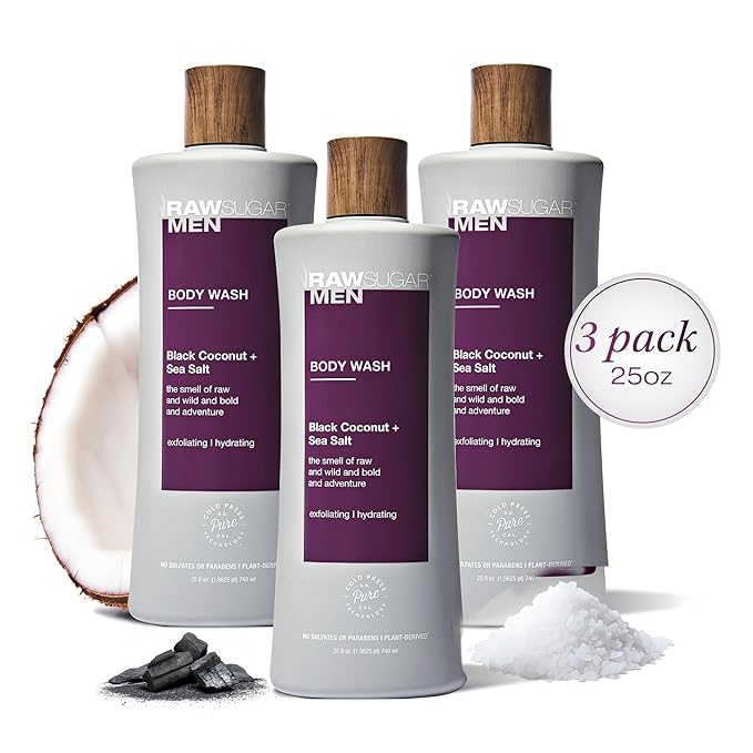 RAW SUGAR 3-Pack Body Wash Men - Black Coconut + Sea Salt Exfoliating and Hydrating Body Wash Formulated without Parabens Cruelty Free and Vegan