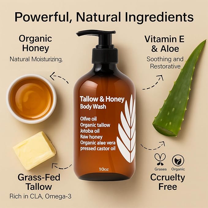 Tallow and Honey Body Wash Tallow Infused Body Wash with Organic Honey with Tallow Vitamin E &amp Aloe Grass-Fed Tallow - Soothes Dry for Men &amp Women - 10 Oz (1)