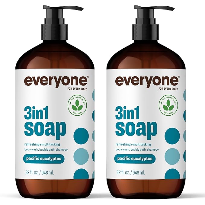 Everyone 3-in-1 Soap Body Wash Bubble Bath Shampoo 32 Ounce (Pack of 2) Pacific Eucalyptus made with Essential Oils for Men and Women